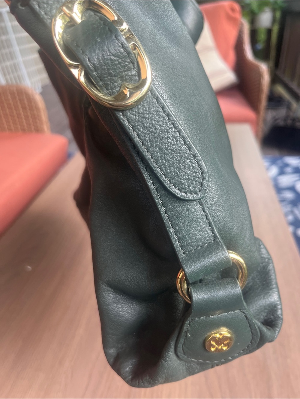 Emma Fox Dark Green Leather Shoulder Bag with Gold Accent - Picture 6 of 11